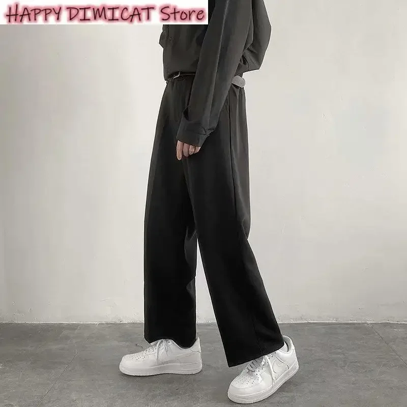 Men's Straight Ankle-Length Trousers, Black, Casual Pants, Wide Leg, Drape Streetwear, Loose, Plus Size, S-3XL, New, Autumn