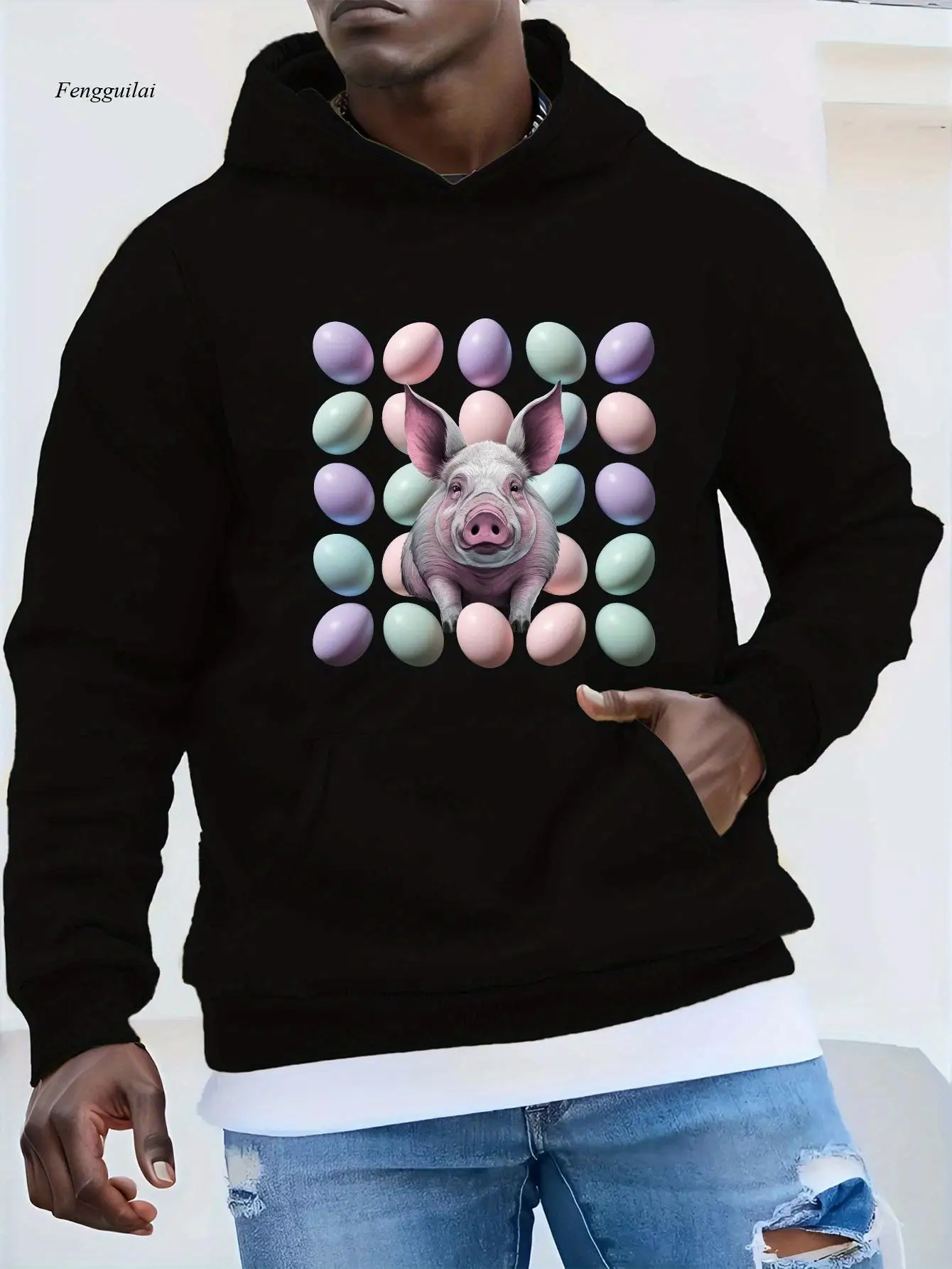 Hoodie in Red with Whimsical Pig & Rabbit Ears Design - Casual, Loose Fit, Machine Washable