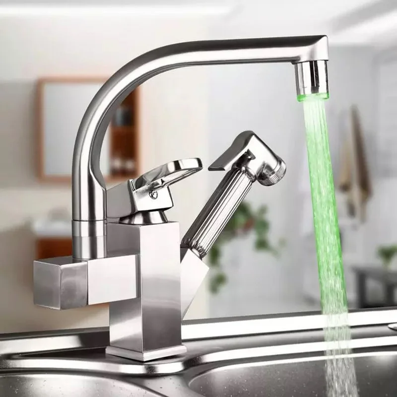 Keran Dapur JIENI Brushed Nickel Tarik Keluar, Putar 360 Derajat, Keran Wastafel Terpasang di Dek, Tuas Tunggal, Semprotan Ganda, Keran Mixer dengan LED