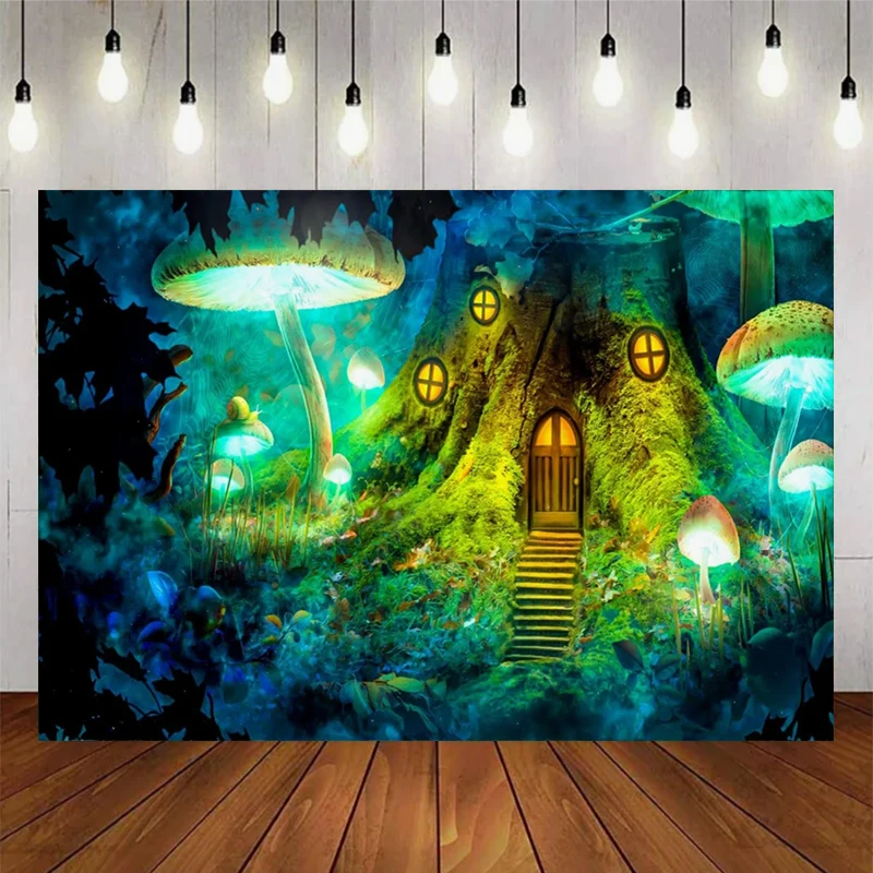 Mysterious Magic Fairy Tale Forest Background Atmosphere Mushroom Theme Birthday Party Scene Layout