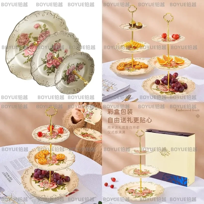 3 Tier Ceramic Cake Stand with Metal Frame European Relief Dessert Plate Fruit Tray Creative Snack Display Rack for Candy