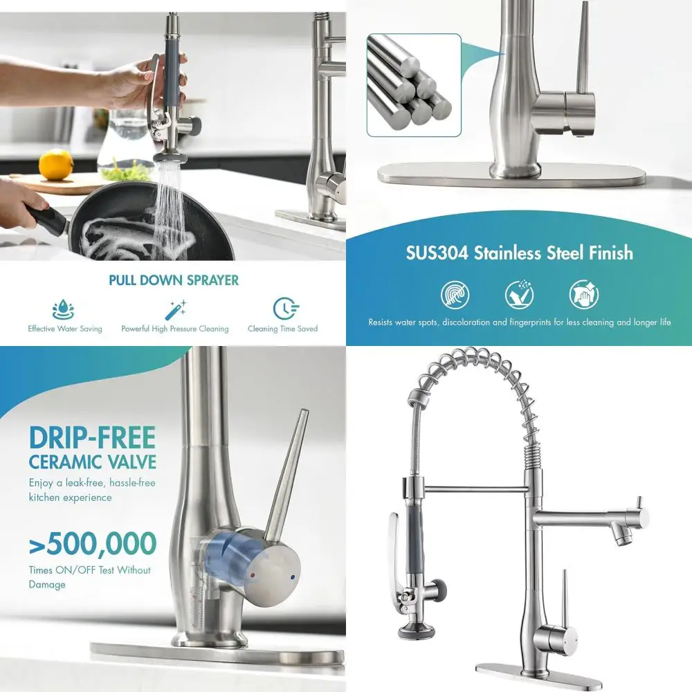 

High-Pressure Single-Handle Pull-Down Sprayer Brushed Nickel Commercial Double-Headed Kitchen Faucet with Deck Plate