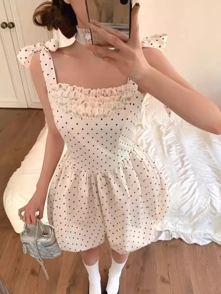 

ADAgirl Dot Print Spaghetti Strap Mini Dress for Women High Waist Bow Lace Up Summer Dresses Lolita Style Cutecore Girl Clothing