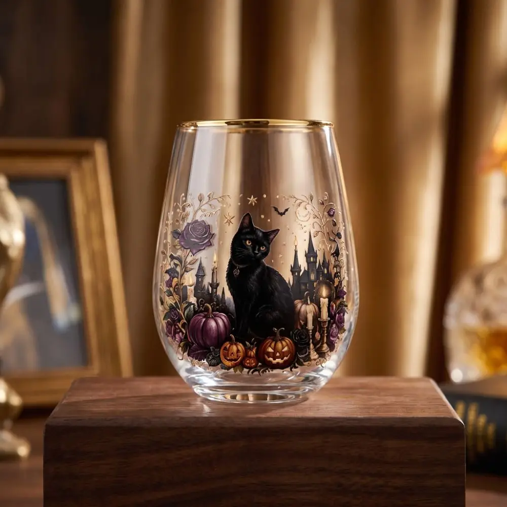 Collectible Fairy Girl Glass Tea Cup Transparent Flower Milk Cup Witch Halloween Ghost Cat Pattern Mug Home