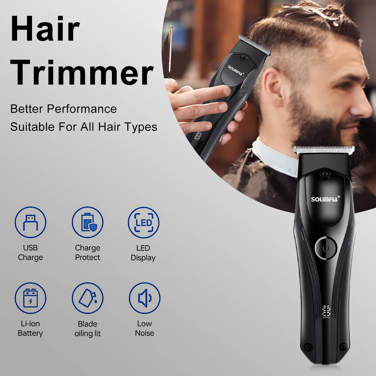 Solimpia Professional Electric Hair Clipper Salon Grade Smart LCD Digital Display R-Shaped Sharp Angle Blade Haircut Machine