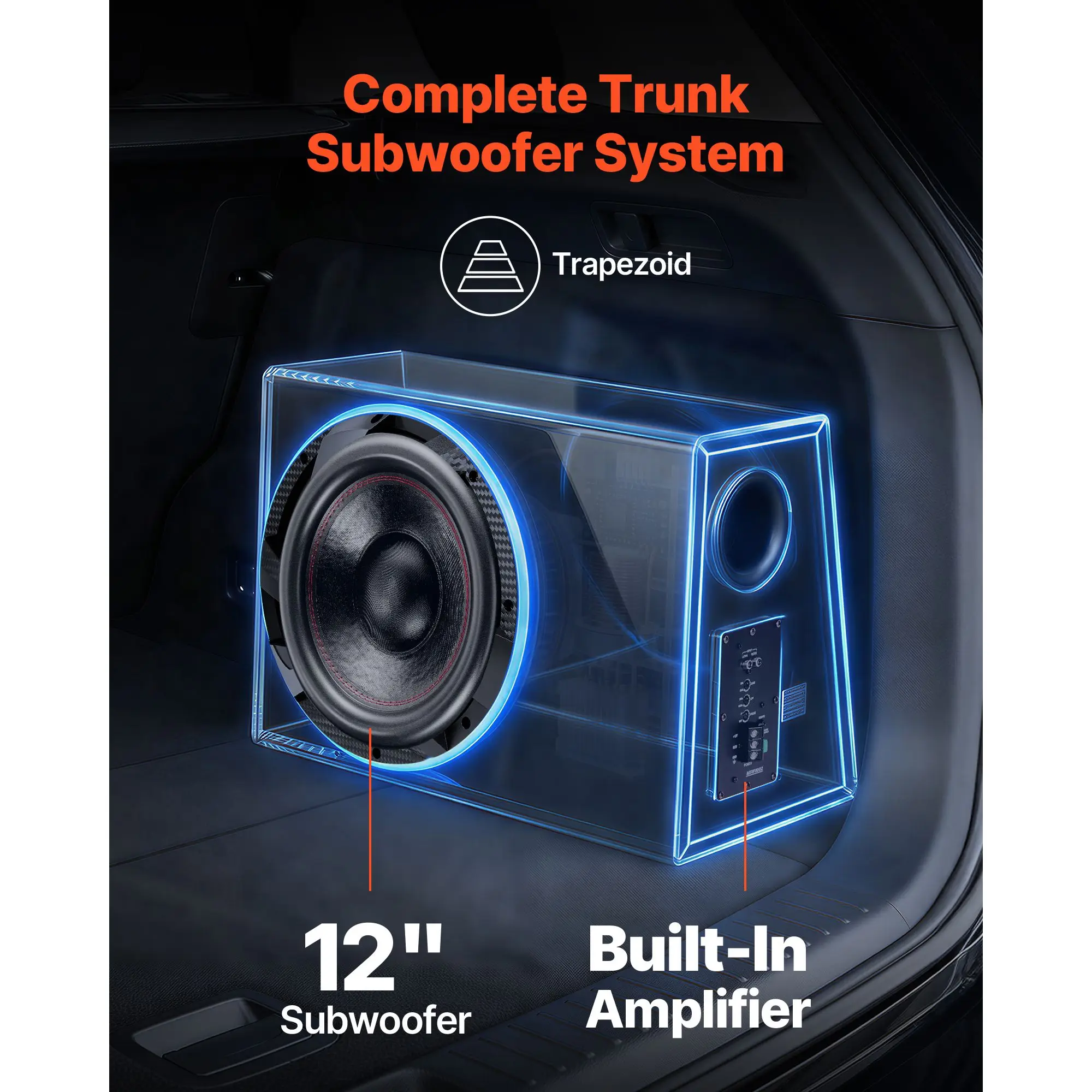 Subwoofer Bass Package, 12 in, 245W RMS, Complete Car Audio Subwoofer and Amp Package, with Loaded Enclosure, Built-in Amplifier, and Wiring Kit, Slim Trapezoid , Compact for Car Audio Systems