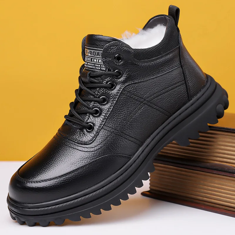 Men's Winter Business Leather Boots Thick Sole Snow Boots Top Layer Cowhide Plush Warm High Top Leather Shoes