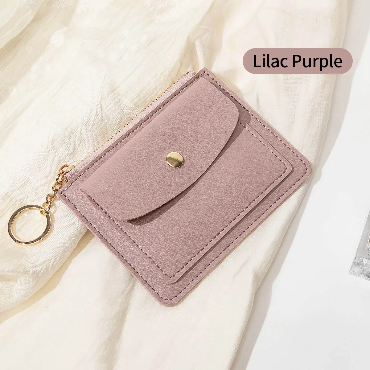 Schlanke grüne PU-Leder-Geldbörse für Damen, Kartenhalter, Schlüsselanhänger, Reißverschluss, als Geschenk, Mini-Münzbörse mit Knopfverschluss und Sichtfenster für Karten – Detail 8