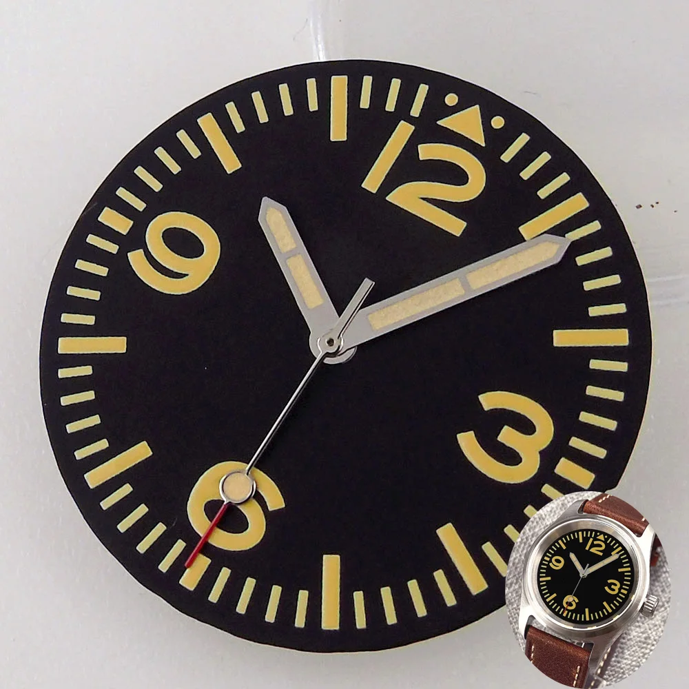 

29mm Black Watch Dial with Yellow Numbers Green Lume Markers for NH35 NH36 NH37 NH38 NH39 ETA2824 MIYOTA DG MINGZHU2813