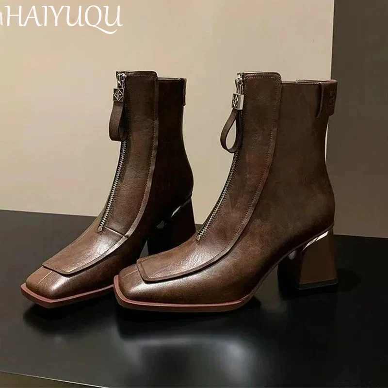 High Heels Women Leather Ankle Boots Square Toe Chunky Shoes Woamn 2025 Trend Desigenr Chelsea Boots Pumps Fad Goth Mujer Botas