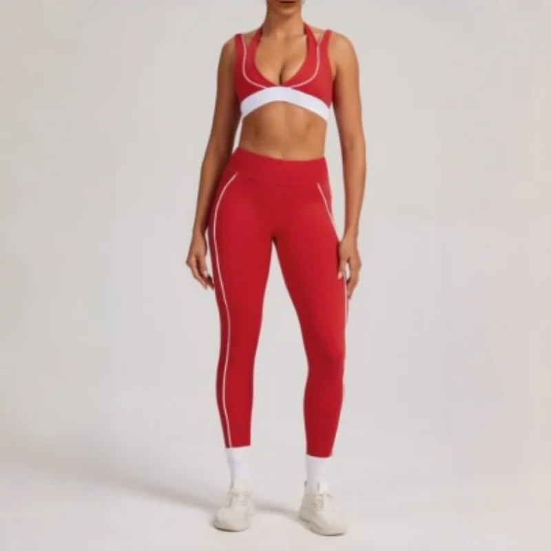 

Женский комплект для йоги, двухсекционные шорты для бега в белую полоску с цветными блоками, спортивный бюстгальтер с v-образным вырезом и лямкой на шее, комплект одежды для йоги