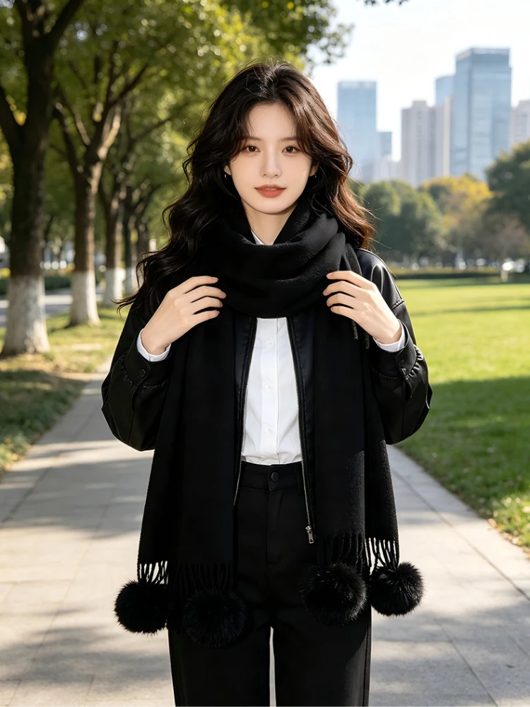 New Tassels Wool Ball Imitation Cashmere Scarf Shawls for Women Keep Warm Windproof Protection Outdoor Scarves Wrap 190*70cm