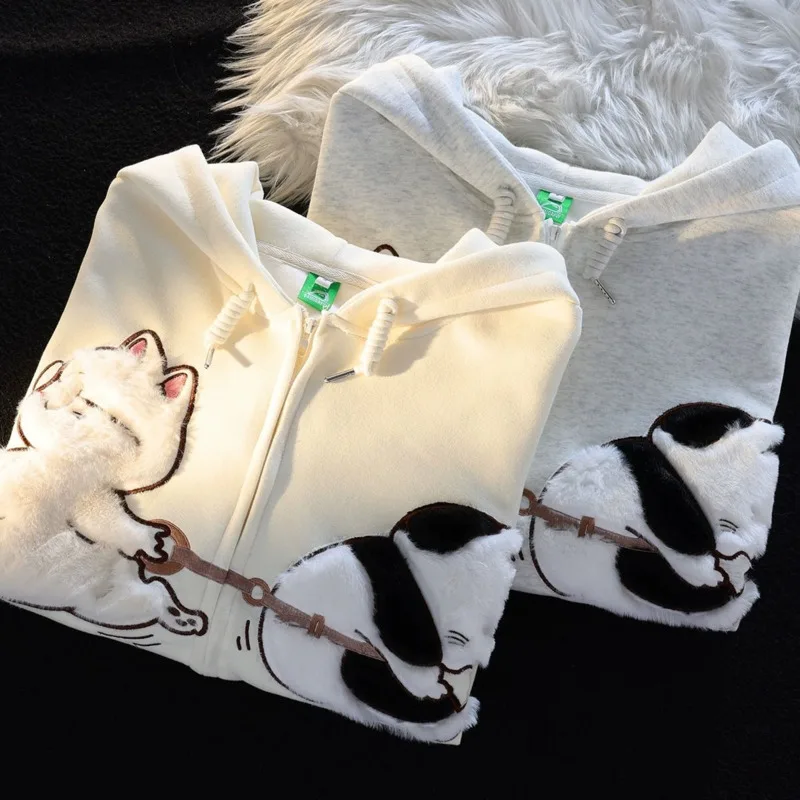 Kawaii Animal Plush Cat Embroidered Sweatshirt Zip Up Hooded Sweater For Men Women Cute Cardigan Hoodie Yk2 Harajuku Jacket Top