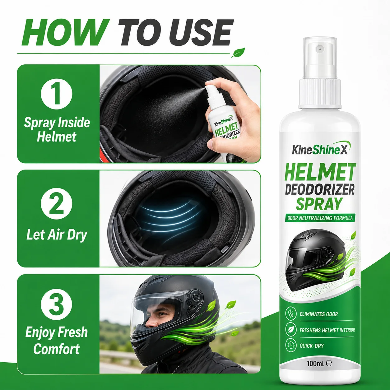Helmet Deodorizer Spray 100ml – Odor Neutralizing Formula for Motorcycle, Bike & Sports Helmets, Quick-Dry, Freshens Interior view 4