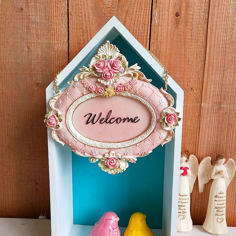 Vintage Pastel Resin Door Signs Rose-Embellished Ornate Carved Border Decor Welcome My Room Toilet Labels Rococo Home Accents