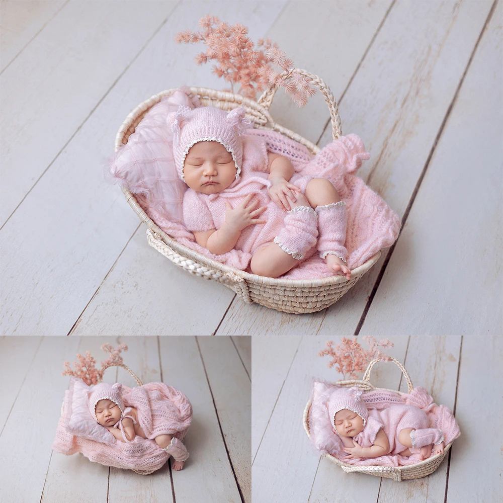 

Newborn Photography Studio Pink Theme Cute Pink Knitted Baby Jumpsuit+Hat+Leg Socks Costume Set Lace Pillow Crochet Blanket Prop