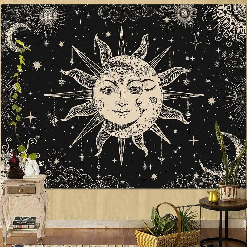 VIKAMA Sun and Moon Face Tapestry Black Cream Boho Celestial Starry Wall Hanging Mystical Vintage Wall Art Bedroom Dorm Decor