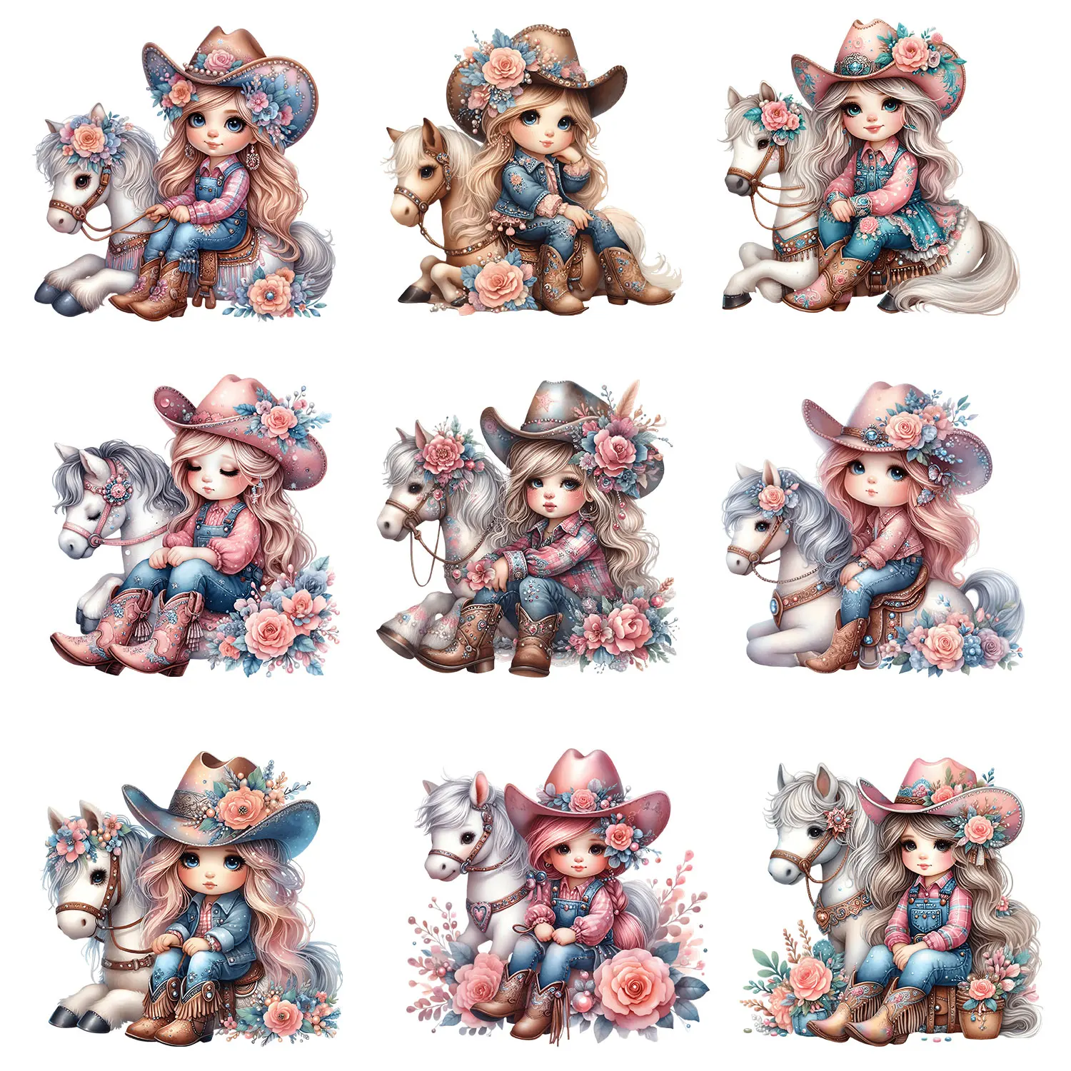 Cowgirl Sweet Horse Flower Playful Stickers Colorful Creations Iron on Decals Patches for Clothes DIY Decoration
