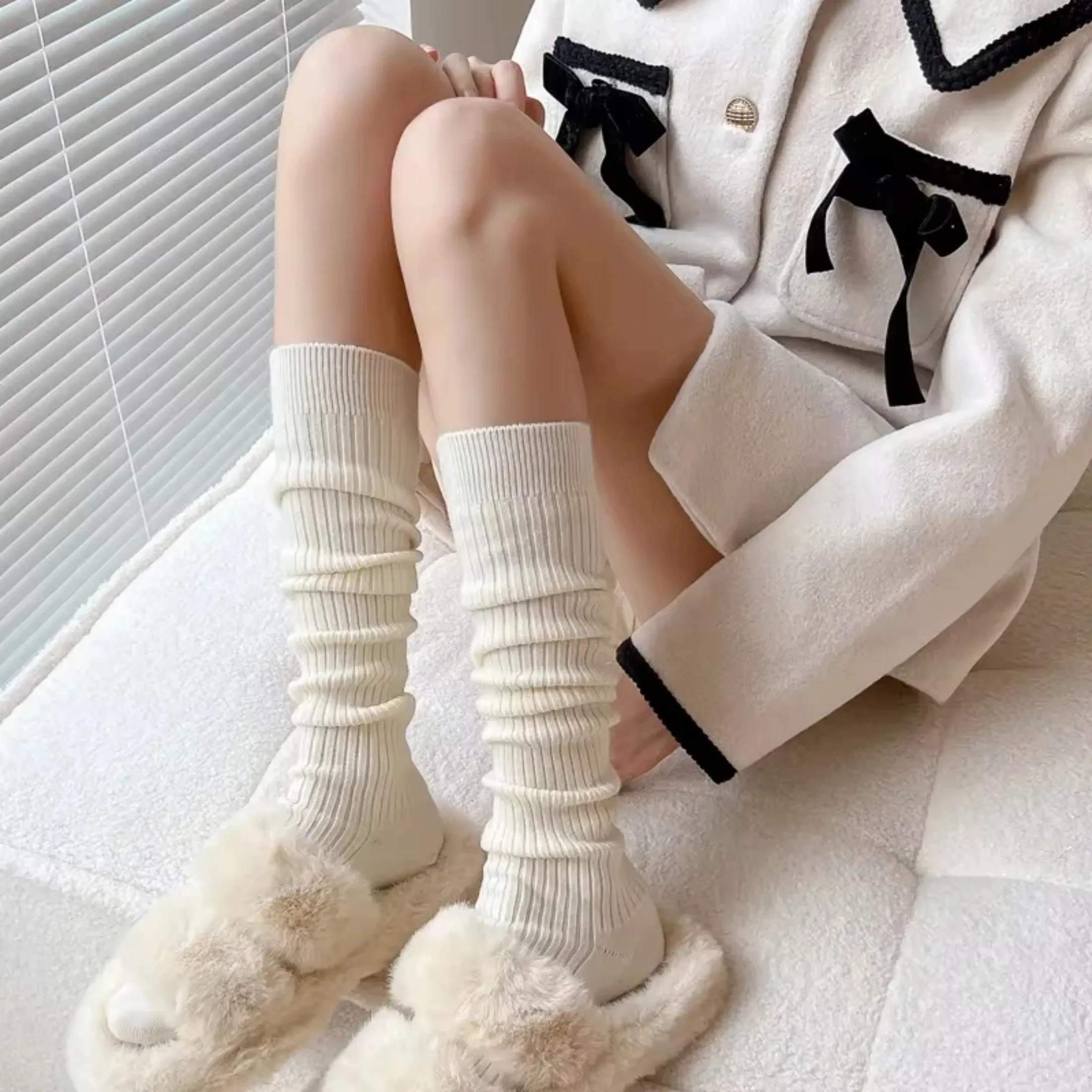 Women Long Socks Cashmere Women Boot Solid Wool Thigh Stocking Skinny Casual Cotton Over Knee-High Fluffy Female Long Knee Sock