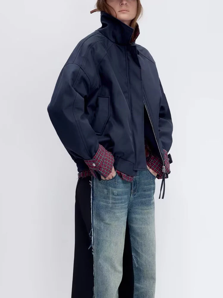 النمط الأوروبي والأمريكي الخريف والشتاء أزياء المرأة الجديدة الرجعية نمط الربط التباين اللون منقوشة سترة طية صدر السترة