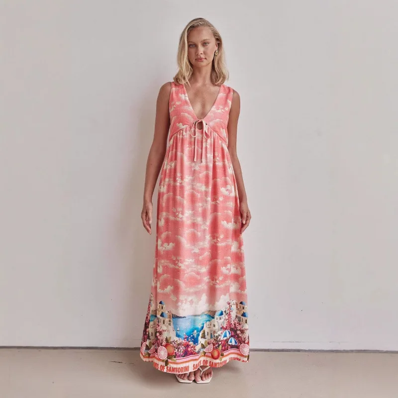 

2025 New Summer Beach Vacation Casual Women's Long Skirt Fashion Printed Splicing Sexy V-neck Sleeveless Linen Loose Dress