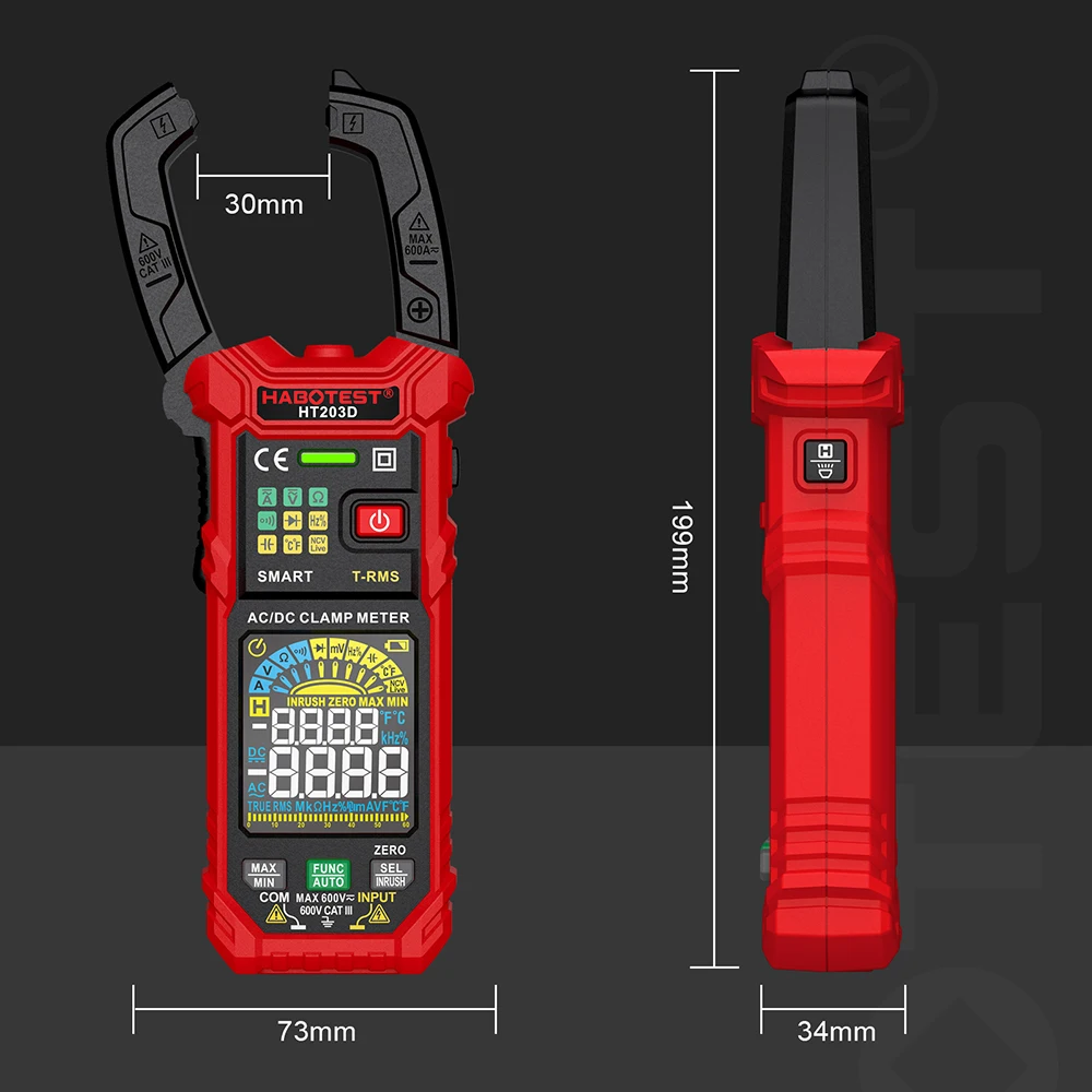 HABOTEST 디지털 클램프 계량기 멀티미터, AC 전류 및 600A AC/DC 전압 테스터, 앰프 연속성 Hz 테스터 전압기, HT203D