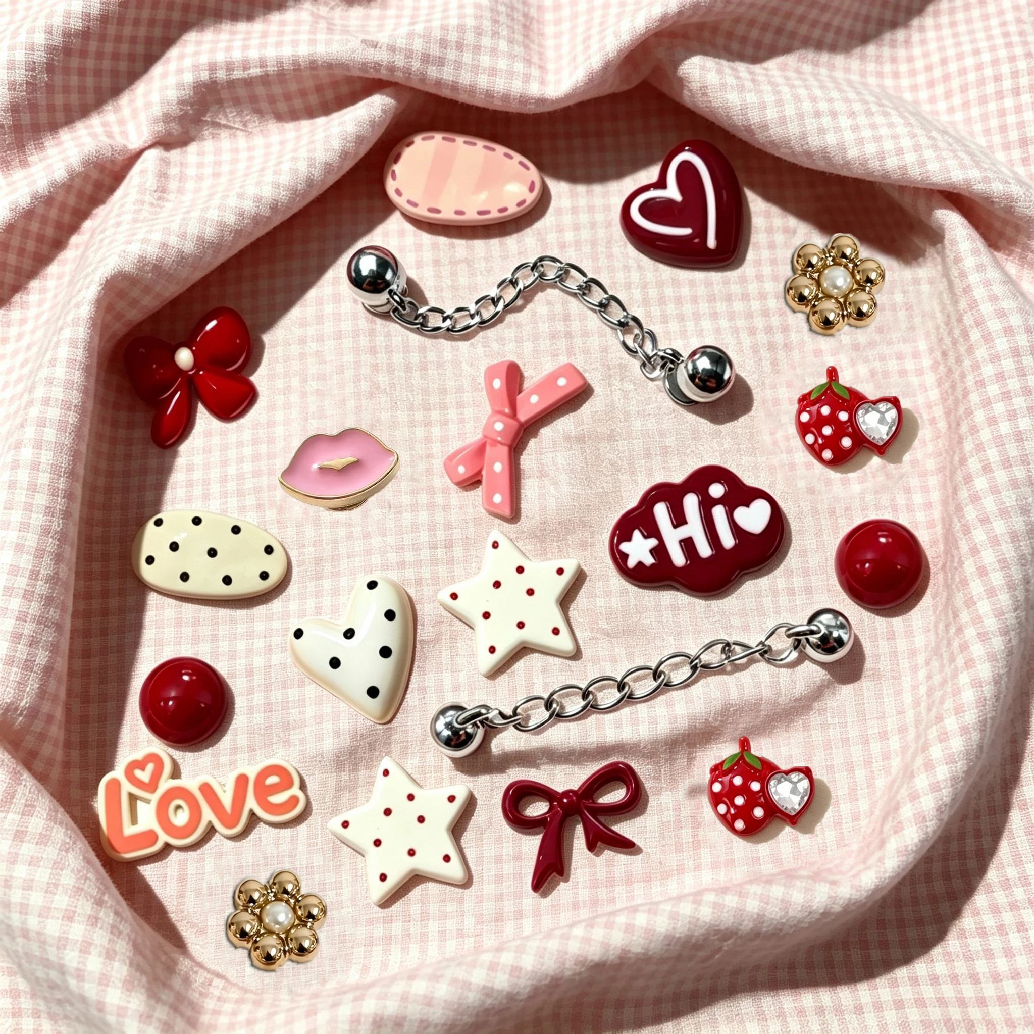 20Pcs Sweet Cute Shoe Charms Set Heart Red Strawberry Chain Detachable Decorations Stylish Versatile Footwear Bag Embellishment