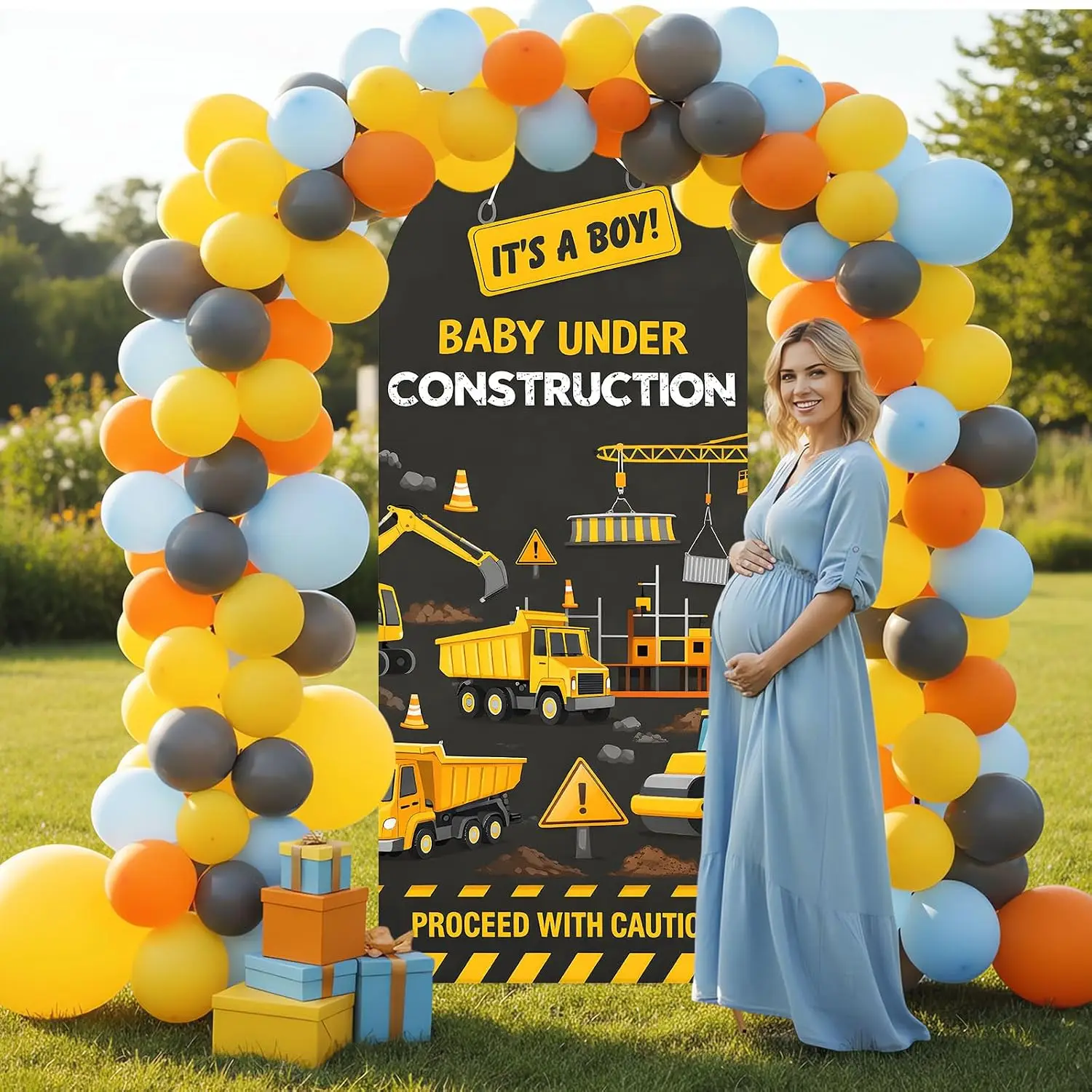 Custom 2-sided Under Construction Baby Shower Arch Backdrop Cover Excavator Dump Truck It's a Boy Gender Reveal Party Background