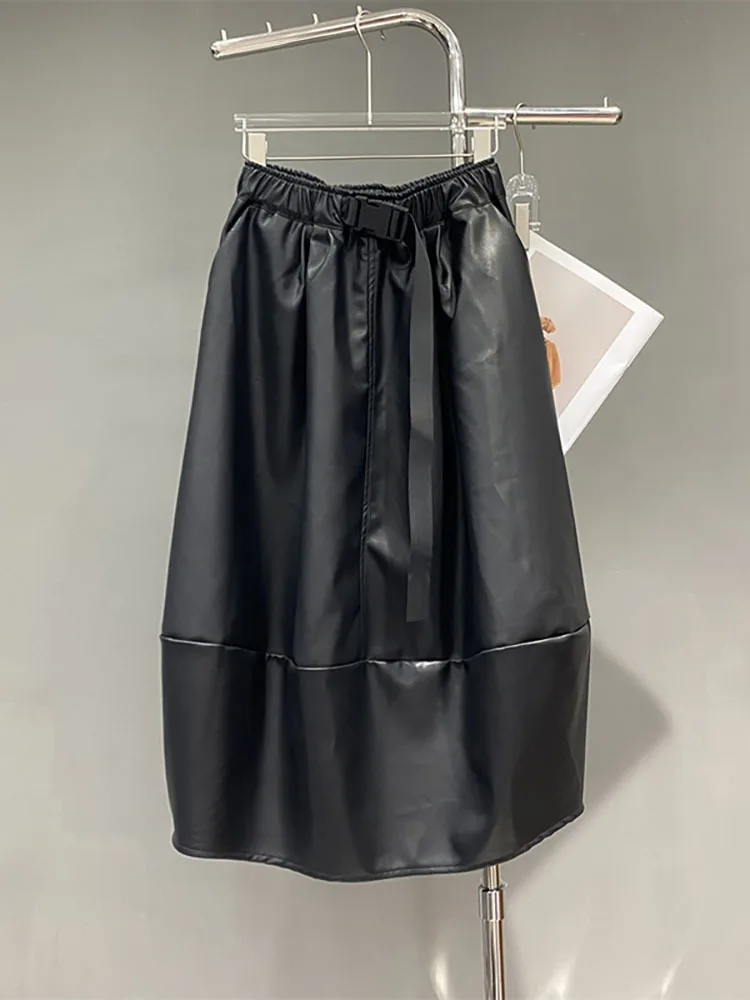 DEAT Women's Pu Leather Skirt Adjust Elastic Waist Black A-line Patchwork Design Long Skirts 2024 Autumn New Fashion 29L8531