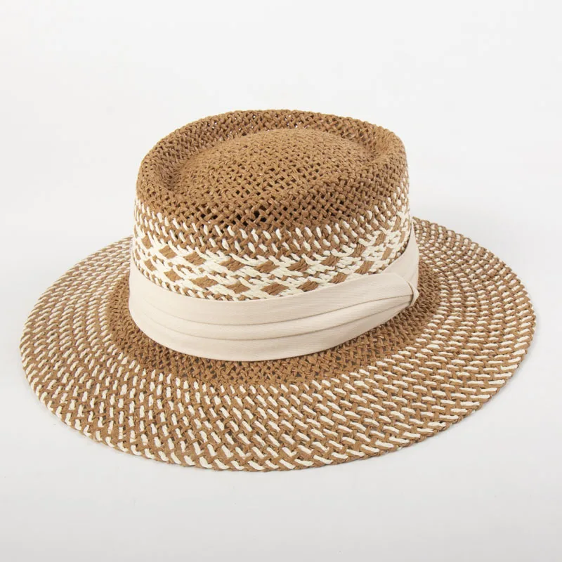 Women's Summer Vintage Color Block Ring Indented Hollow Straw Beach Sun Fedora Hat
