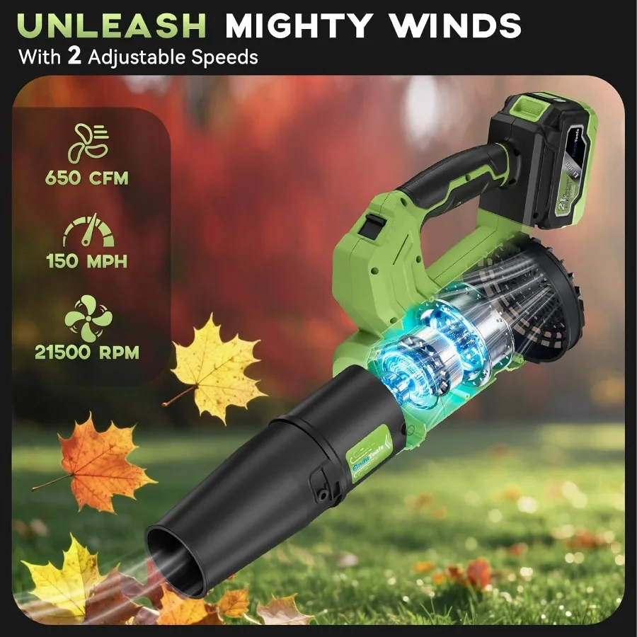 Cordless Leaf Blower for Lawn and Yard Maintenance: 650 CFM 150 MPH with 2 x 4.0Ah Batteries and Fast Charger 2Speed Settings f
