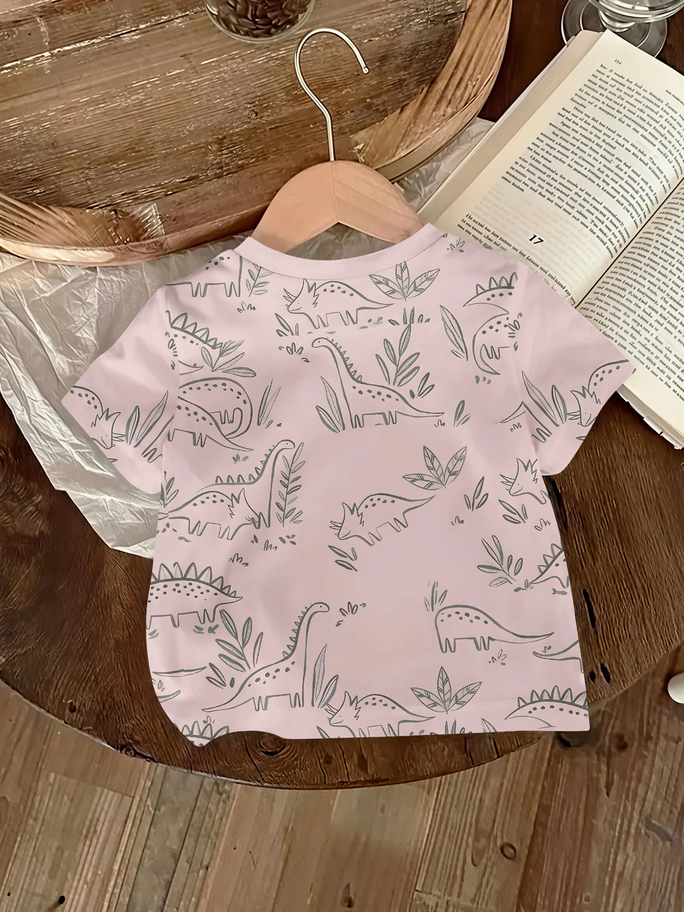 Toddler Girls Cute Purple Triceratops Dinosaur T-Shirt, Pink Background Dino Sketch Print Crew Neck Short Sleeve Kids Tee