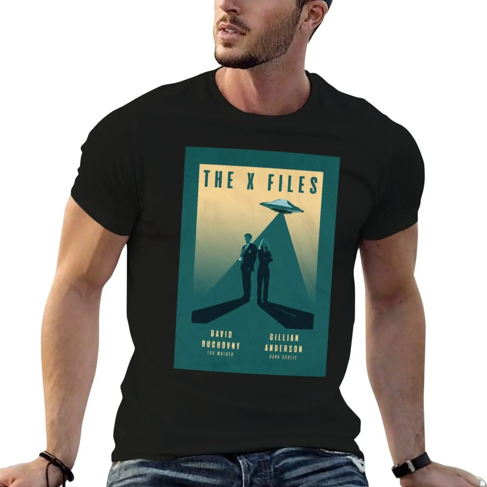 The X Files Mulder and Scully David Duchovny and Gillian Anderson Retro Vintage Poster T-Shirt Creative Graphic Tee Shirt