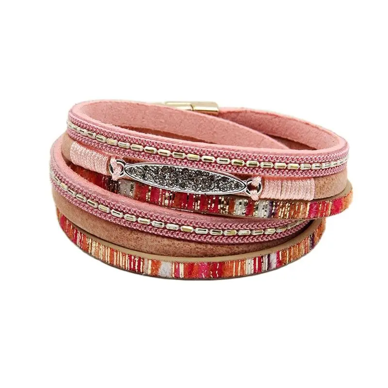 ALLYES Vintage Colorful Leather Bracelet for Women Boho Inlaid Rhinestone Long Chain Multilayer Wrap Bracelets Charm Jewelry