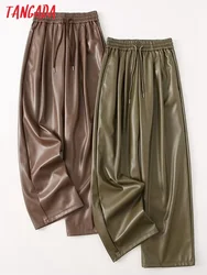 Tangada 2023 Women Chic Green Faux Leather Pants Trousers High Waist Office Lady Elegant Pants YU172