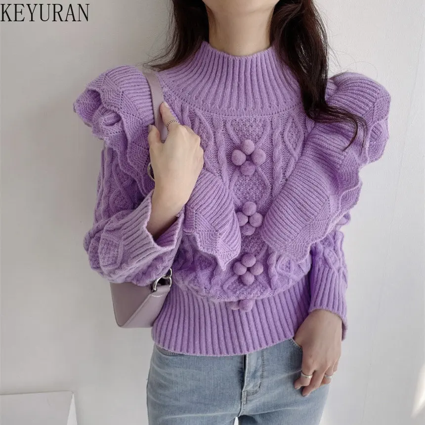 Chic Ruffles Floral Knitted Sweater Women Korean Fashion Vintage Lantern Sleeve Knitwear Pullovers Turtleneck Sweaters Jumpers