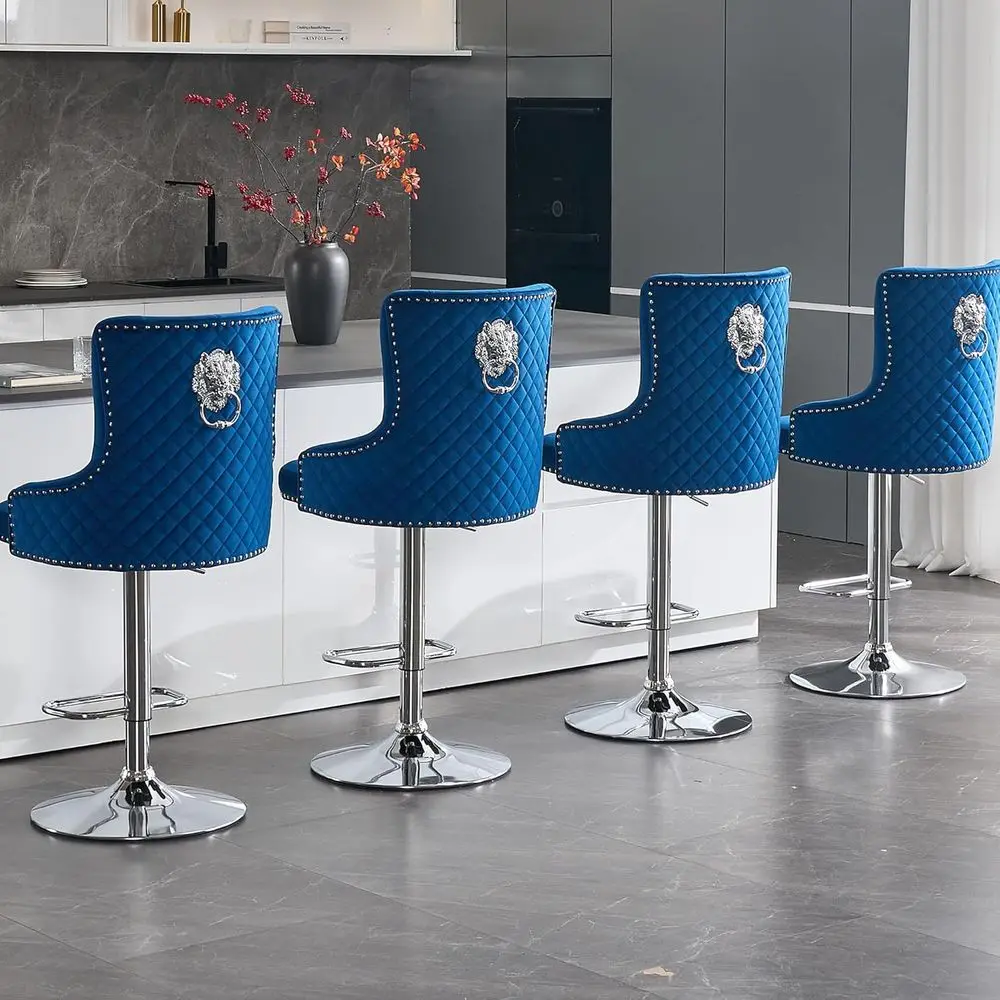 Set of 4 Velvet Swivel Bar Stools with Lion Pull Ring, Upholstered High Back Counter Height Chairs, Modern Adjustable Kitchen Is