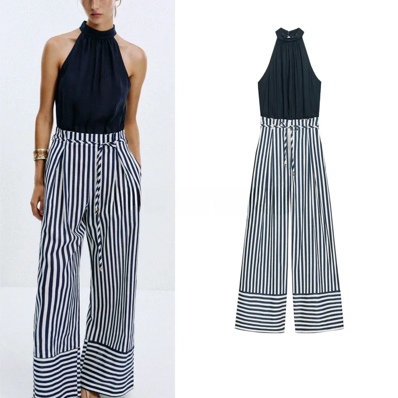 

Autumn New Arrival Women's Long One-Piece Jumpsuit Linen Blend Ne Hanging Belted Gored Detail Commute Sle High Waist Wide...