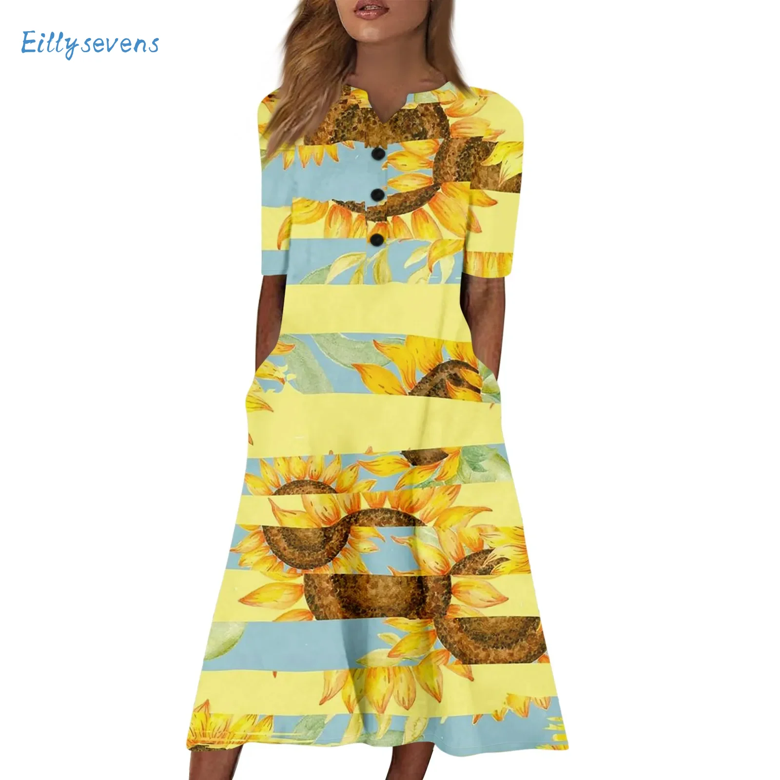 

Women'S Short Sleeve Dress Fashion Classic Sunflower Print Dress With Pockets V-Neck Daily Leisure Vacation Loose A-Line Dress