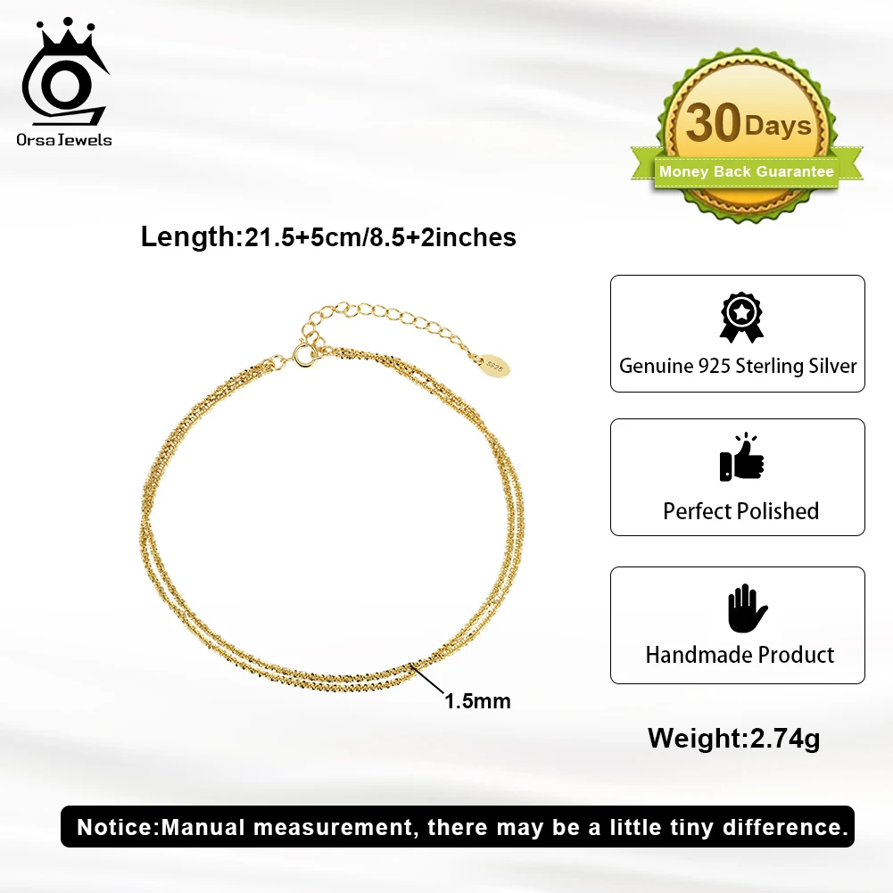 ORSA JEWELS Elegant Double Layerd 925 Sterling Silver Anklet for Women Summer Foot Chain Fashion Ankle Straps Jewelry SA96