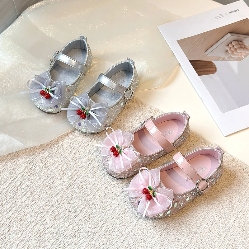 

Новые детские туфли Мэри Джейн 2026 года для девочек: праздничные, с вишневым бантом, пайетками, элегантные, кожаные, на плоской подошве