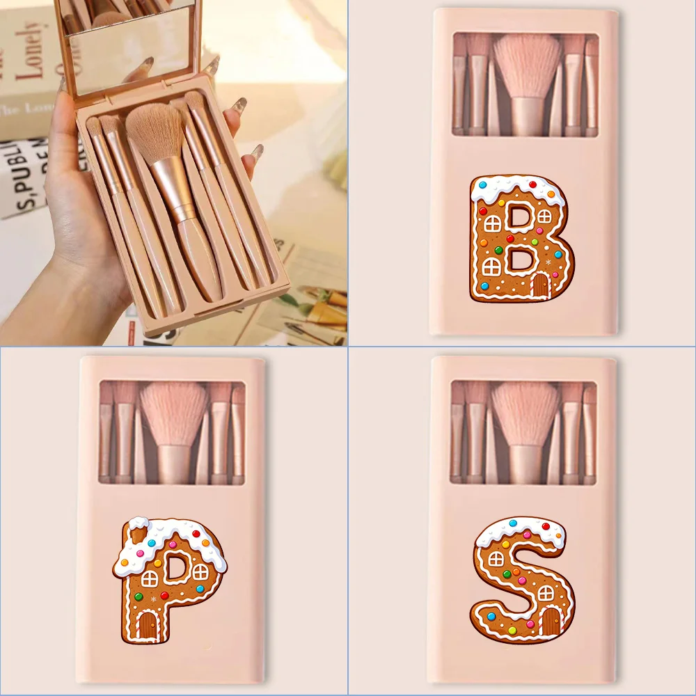 

Portable Soft Bristled Makeup Brush Set Durable Beginners Beauty Tool with Mirror Dust Proof Storage Box Gingerbread Pattern