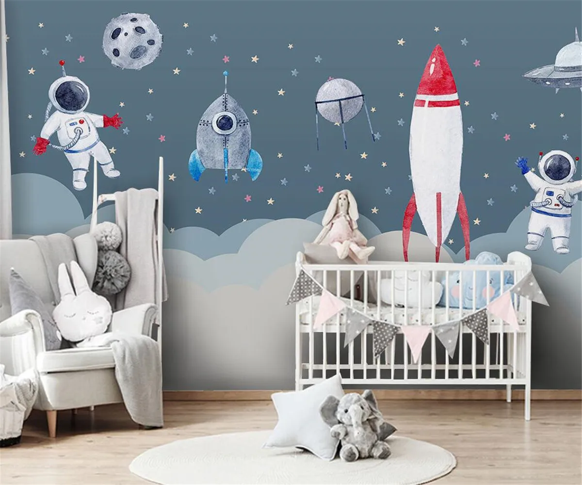 

Custom Self-adhesive material Wallpaper Nordic simple hand-painted space rocket children's room girl bedroom cartoon mural