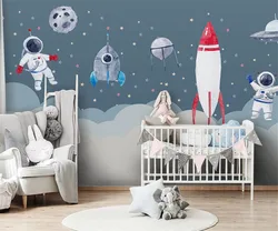 Custom size wallpaper, simple hand-painted space rocket mural, children's room, girls' bedroom, cartoon starry sky planet mural