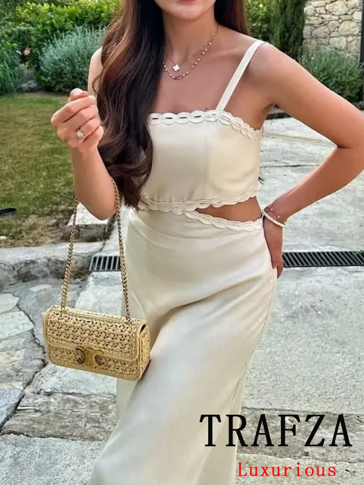 TRAFZA Vintage Chic Solid  Women Dress Sleeveless Backless Hollow Out Dress New Fashion 2024 Summer Chic Beach Party Dress