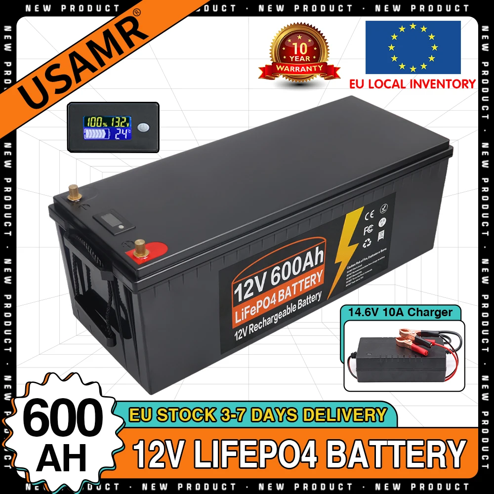 12V Lifepo4 Battery 600Ah Built-in BMS Lithium Iron Phosphate Rechargeable Cell For Outdoor Camping Golf Cart Solar With Charger