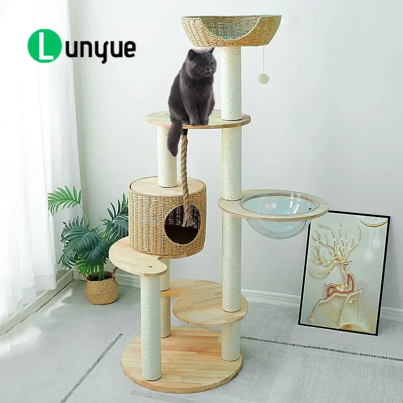 Solid Wood Cat Tree with Woven Sisal Posts Large Multi Layer Cat Climbing Frame Integrated Cat Nest Shelf Furniture Toys