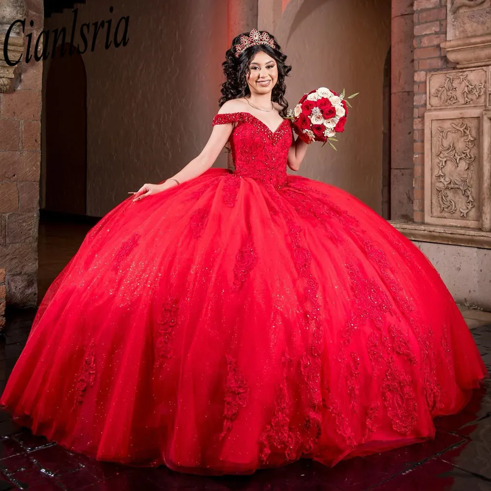 Vestido De baile De princesa con lentejuelas Rojas, quinceañera, hombros descubiertos, apliques De cristal 3dflower, vestidos De corsé De 15 Años