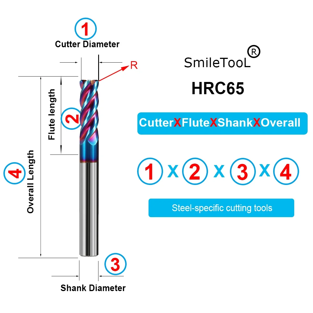 SmileTooL HRC65 4 Flute Solid Carbide Bull Nose End Mill Radius End Mill For CNC Steel and iron vertical milling