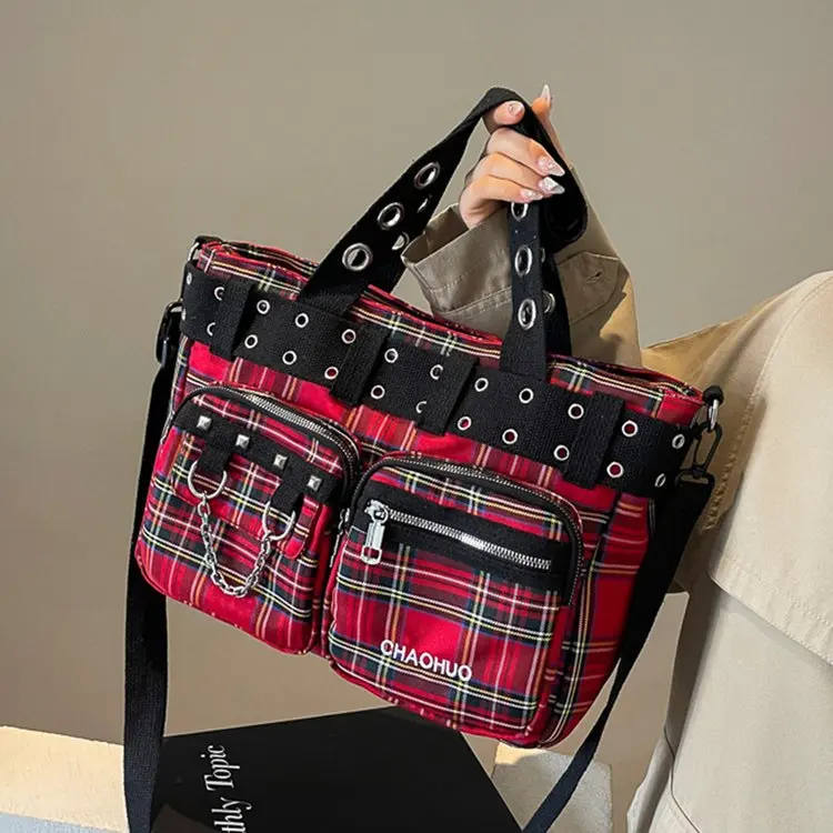 Rivet ladies' hand-held tote bag, niche large-capacity checkered color-blocking single-shoulder crossbody bag, motorcycle bag